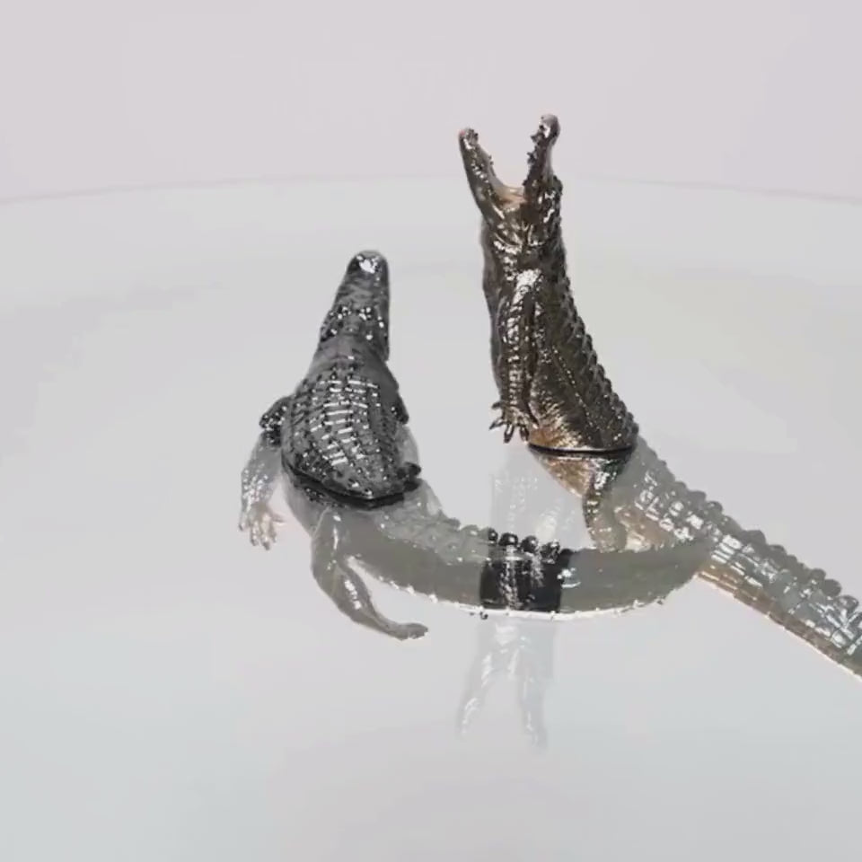Endurance Alligator Set by Waterines — 3D sculpted magnetic resin alligator sculptures hunt in a glass coffee table.