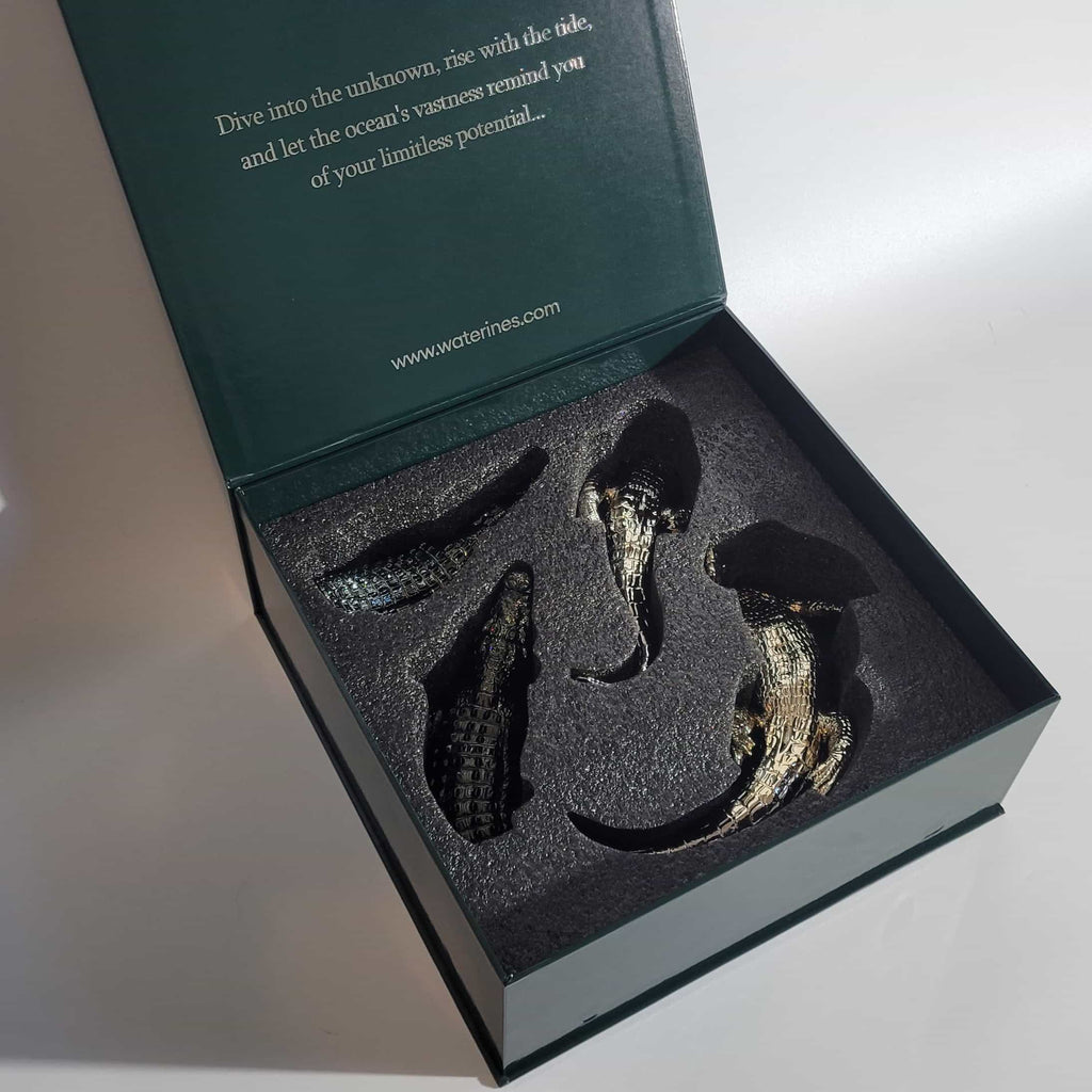 Endurance Alligator Set by Waterines — 3D sculpted magnetic resin alligator sculptures hunt in a glass coffee table.