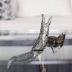 Endurance Alligator Set by Waterines — 3D sculpted magnetic resin alligator sculptures hunt in a glass coffee table.
