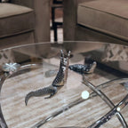 Endurance Alligator Set by Waterines — 3D sculpted magnetic resin alligator sculptures hunt in a glass coffee table.