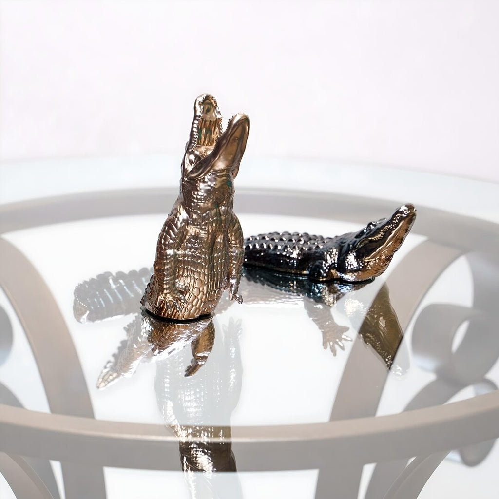 Endurance Alligator Set by Waterines — 3D sculpted magnetic resin alligator sculptures hunt in a glass coffee table.