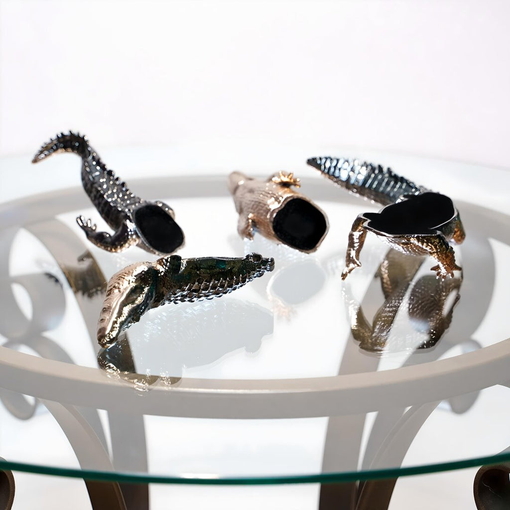 Endurance Alligator Set by Waterines — 3D sculpted magnetic resin alligator sculptures hunt in a glass coffee table.