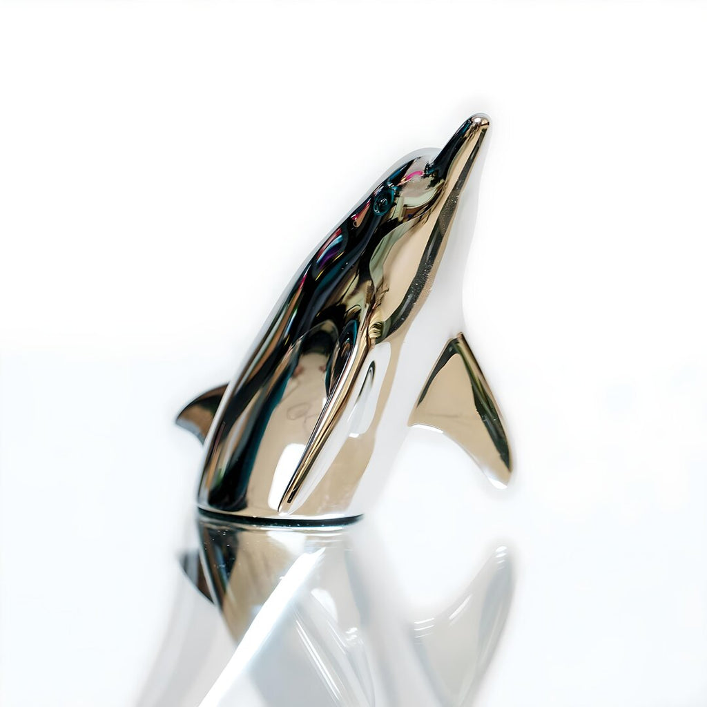 Harmony Dolphin Set by Waterines — 3D sculpted magnetic resin dolphin sculptures swim across a glass coffee table.